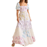 Women Summer Floral Print Dress Square Neck Puff Short Sleeve Ruffle Hem A-Line Dress Retro Casual Streetwear