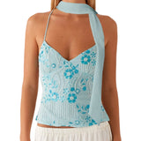 Women Camisoles Sequins Beaded Flower Embroidery V-Neck Casual Camis Tops Summer Fashion Sleeveless Crop Tops with Choker Scarf