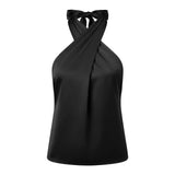 Women Fashion Sleeveless Halter Neck Tank Tops Summer Solid Color Backless Satin Casual Vests Streetwear