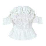 Spring New Style Elegant Ruffled One-shoulder Casual Top Shirt Womens White Off Shoulder Ruffle Waist Short Sleeve Casual OERV