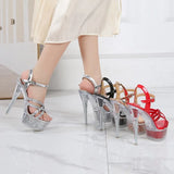 2026 New Silver Narrowband Women's Sandals 14CM Party Banquet Dress Shoes Summer Stiletto Nightclub Platform Crystal High Heels