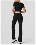 Summer Quick Drying Yoga Sets Women Black Patchwork Short Sleeve Cross Neck Sports Top High Waist Flared Pants Fitness Suits