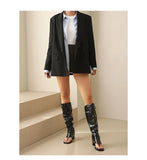 Plus Size Women Open Toe Thong Knee High Boots Metal Buckle Ruched Mid Block Heel Tall Sandal Boots Fashion Streetwear Long Boot