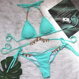 9 Colors New Sexy Bikini Women Rhinestone Shell Pendant Halter Gradient Swimwear Swimsuit Female Beach Bikinis Set Bathing Suit