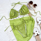 2026 Sexy Three-piece Bikini Set Women Pleated Hollow Halter Solid Swimwear Swimsuit Bikinis Set Bathing Suit Beach Mesh Cover