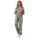 Women's Christmas Pajama Sets Fashionable Lapel V Neck Long Sleeve Printed Tops with Pants 2 Pieces Soft Sleepwear