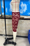 Women Burgundy Floral Lace Capri Leggings Sheer See Through Knee Length Pants High Waist Slim Fit Casual Summer Streetwear