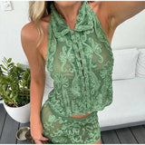 Women's Fashionable Lapel Embroidered Backless Shorts Set J25E