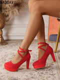 Large Size 42 Sexy Super High Heels Shoes for Women Ankle Buckle Chunky Platform Pumps Woman Black Flock Square Heel Party Shoes