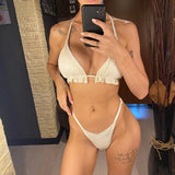 Ruffled Firlled Halter Bikini Women Swimwear Female Swimsuit Three-Pieces Bikini Set With Shorts Bather Bathing Suit Swim V5673