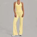 Women's Seamless Yoga Sets Sports Gym Fitness Hip-lifting Flared-pants Sleeveless Halter Tank Top Training Running Workout Suits