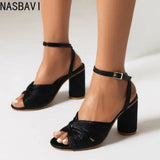 NASBAVI Straps Women's Sandals Summer Shoes Luxury Peep Toe Flip Flops Round High Heels Gold Party Dance Wedding Shoes Ladies