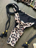 2026 Sexy Leopard Print Swimwear Women'S Split Bikini Set Woven Rope Strap Fringe Beach Women'S Two-Piece Swimsuit Bathing Suit