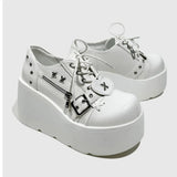 Size 42 Gothic Black Platform Creepers Shoes White Smooth Faux Leather Goth Creepers E-girl Chunky Lace Up Lolita Casual Shoes