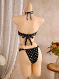 Polka Dots with Mesh Skirt Halter Shell Bikini Women Swimwear Female Swimsuit Three-pieces Bikini Set Bather Bathing Suit Swim