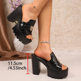 Black Chunky High Heeled Sandals Women Summer Plus Size 43 Peep Toe Platform Sandles Woman Pu Leather Thick Heel Slippers Female