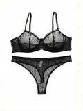 Women's transparent sexy lingerie set with striped lace and steel rims, push up bra paired with seamless thong set YS2864