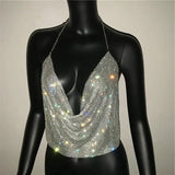Festival Brilliant Rhinestone Backless Party Crop Top Women 2025 Summer Glitter Evening V Neck Diamonds Metal Tank Tops