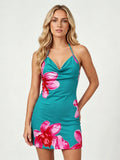 Retro Style Women's Floral Halter Dress Summer Backless Sleeveless Low Cut Bodycon Mini Dress Party Beach Vacation
