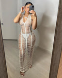 DEKA Sexy Women V Neck Hollow Cover Up Beach Dress Bathing Suit For Beach Swimwear Sleeveless Backless Swimsuit Crochet Cover Up