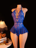 Blue Open Crotch Women Body Suit Crotchless Adult Sexy Erotic Lingerie Pajamas Lace Temptation Sex Bodysuit V-neck Hot Underwear