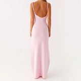 Women Sleeveless Summer Solid Color Twisted Straps Dresses V-Neck Backless Party Club Vacation Beach Long Dresses