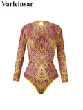 S - XL New Flower Printed Floral Long Sleeve With Pants One Piece Swimsuit Women Swimwear Female Bather Bathing Suit Swim V7099