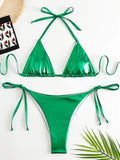 Sexy Shiny Pu Faux Leather Bikini 2025 Women Swimwear Female Swimsuit Two-pieces Bikini set String Bather Bathing Suit Swim Lady
