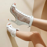 Plus Size 32-48 Sexy Black Mesh Lace Jazzi Summer Boots Women Elegant Peep Toe Thin High Heels Zip-up Ankle Boots Party Shoes