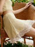 Women's Satin Mini Skirt Elegant Patchwork Lace Trimmed High Waisted A Line Skirts for Party Work Daily Wear