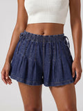Womens Loose Fit Denim Shorts Drawstring Elastic Mid Rise Pleated Wide Leg Short Pants Casual Stylish Summer Skorts