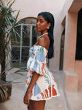Women Vintage Print Patchwork Mini Dress Summer Sexy Fashion Elegant Short Sleeve Bodycon Off Shoulder Backless Party Dresses