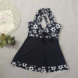 Vintage Black Flower Print Skirt Bikini Set 2026 Front Bow Crop Top Bathing Suit Swimwear Women's High Waist Swimsuit Tankini