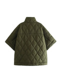 Quilted Argyle Coat Cape Rainproof Jacket Women Winter Jacket Army Green Casual Padded Loose Parkas Oversize Turtleneck Coat
