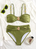 Sexy Metal Buckle High Waist Bikini Set Women Black Green Pleate Push Up Bra Swimwear Beach Bathing Suit Two Piece Swimsuit 2026