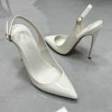 Women White Patent Leather Slingback Pumps Pointed Toe Thin Stiletto High Heels Buckle Strap Dress Shoes for Wedding Party Offic