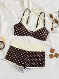 Coffee Polka Dot Print Patchwork Bikini Set 2026 Women Double Strap Push Up Bra High Waist Swimsuit Beach Bathing Suit Swimwear