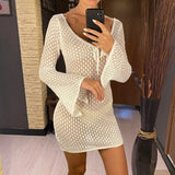 V Neck Long Sleeve Hollow Out Crochet Knitted Tunic Beach Cover Up Cover-ups Beach Dress Beach Wear Beachwear Female Women V6081