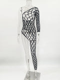 Toucheart Sexy Lingerie Women's Jumpsuit Shiny Diamond Fishing Net One-sleeved Leg Jumpsuit Sexy Hollow Out See-through Jumpsuit