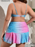 VigoJany 2026 Print 3 Piece High Waist Skirt Plus Size Bikini Set Women Strapped Push Up Big Swimsuit Beach Chubby Bathing Suit