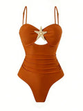 Vintage Orange Floral Print Skirt Swimwear Sets Women Starfish Hollow Out Tummy Control Bathing Suit Holiday One Piece Swimsuit