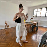 Women's Ruffled Lace Trim Loose Pants For Woman White Ruffled Embroidery Camisole Straps Button Front For Sweet Summer Look WM6E