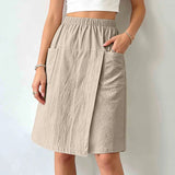 Women's Textured Wrap Skirt Shorts Solid Color Elastic Waist Midi Skort With Pocket Casual Loose Fit Layered A Line Summer Short