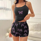 Two Piece Summer Camisole Sexy Pajama Set Women's Printed Butterfly Sleeveless Top Elastic Waist Shorts Casual Sexy Home Pajamas