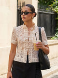 Summer Women's Retro Shirts Sheer Lace Blouse Elegant Stylish Button Down Short Sleeve Tops Casual Sexy