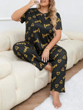 Plus Size 3XL 4XL 5XL Sleepwear Heart Letters Print 2 PCS Pajama Set Women's Casual Short-Sleeve Top and Pants Loungewear