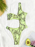 S - XL Asymmetric Printed Cut Out One Piece Swimsuit Women Swimwear Female One Shoulder Padded Bather Bathing Suit Swim K7318
