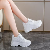 White Platform Women's Sneakers 2025 Autumn Lace-Up Thick Bottom Sports Shoes Woman Pu Leather Breathable Walking Shoes Female
