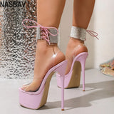 Pink Luxury Rhinestone Lace Up 16cm Sexy Ultra-high Heels Fashion Elegant Open Toe Sandals Women Night Club Model Dance Shoes