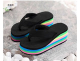 Women's Rainbow Color Platform Flip Flops Summer Thick Sole Lightweight Slip-on Wedges Sandals Girls Beach Slippers